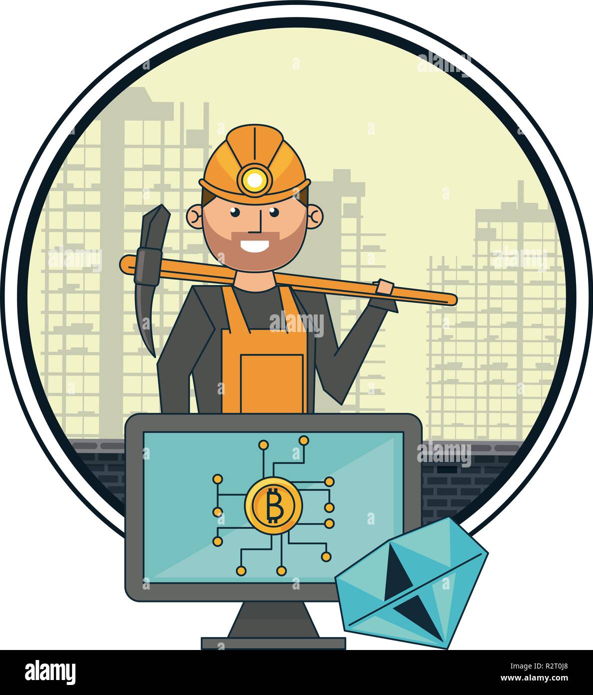 Bitcoin Mining And Investment Worker And Computer With Diamond Over - 